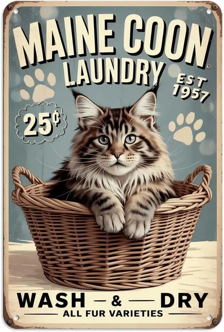 Maine Coon Cat Laundry Room Tin Sign Funny Vintage Metal Signs Wall Decor for Kitchen Bar Cafe Bedroom Home Patio Outdoor Gift C