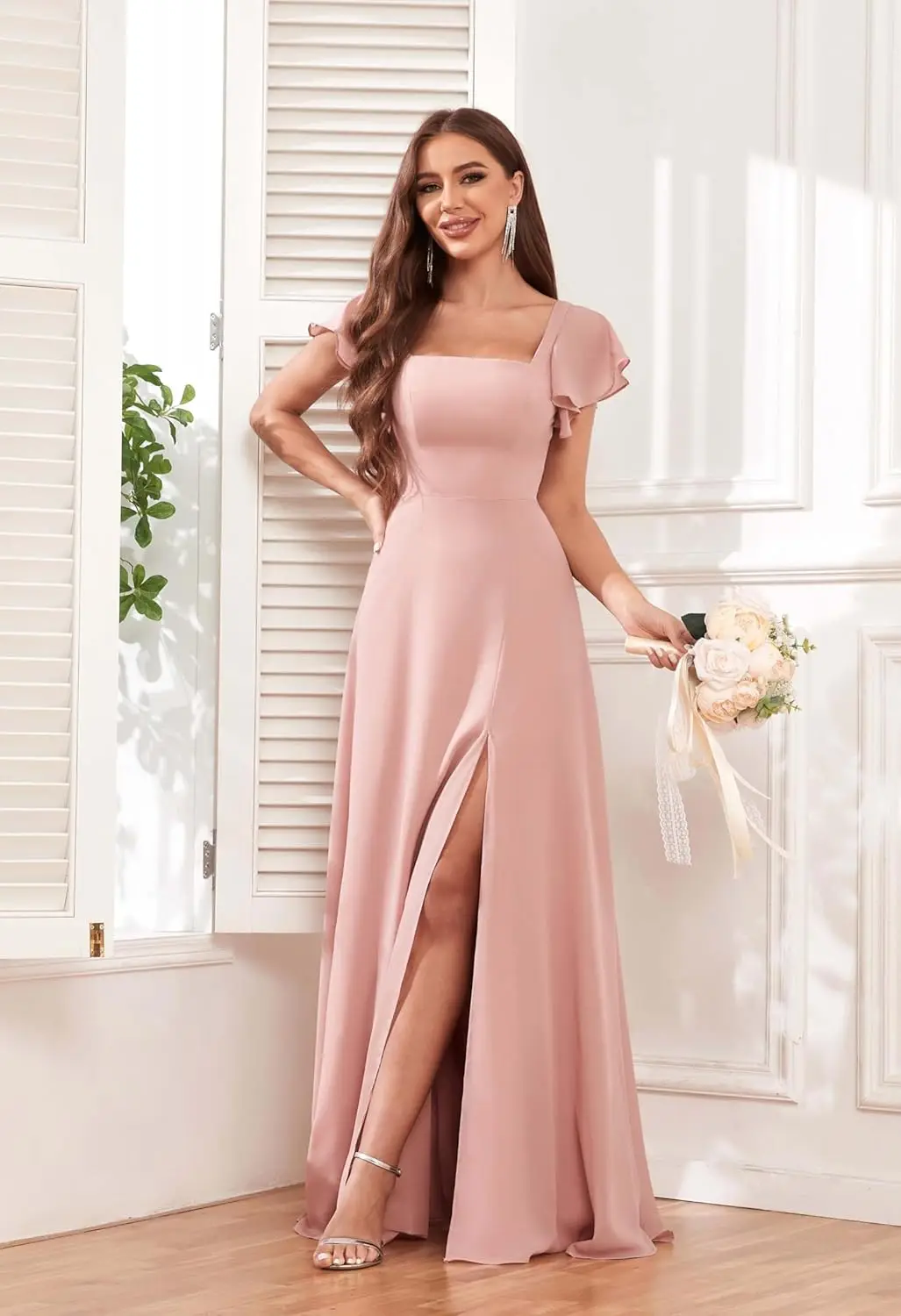 Vestidos de dama de honor de manga corta para boda, cintura imperio, línea A, vestidos formales largos de gasa con hendidura