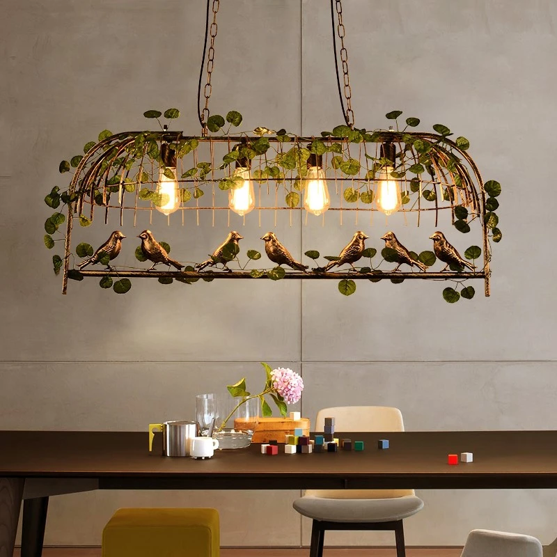 Retro Style Iron Bird Cage Green Leaf Decoration Chandelier for Restaurant Holl Bar Dining Table Garden  LED Lamps Indoor Decor