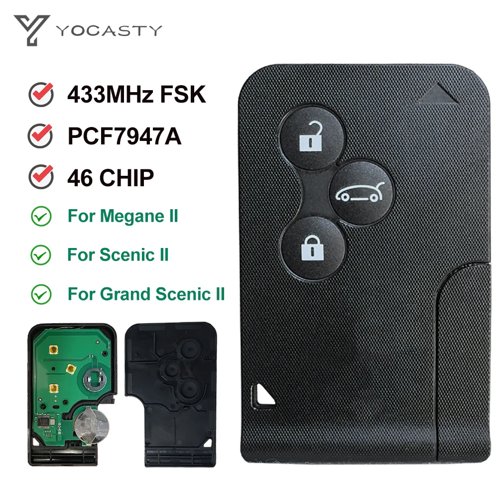 YOCASTY Remote Card Key 433Mhz PCF7947A 46 Chip For 2003-2008 Renault Megane II Scenic II Grand Scenic II 3 Button Replacement