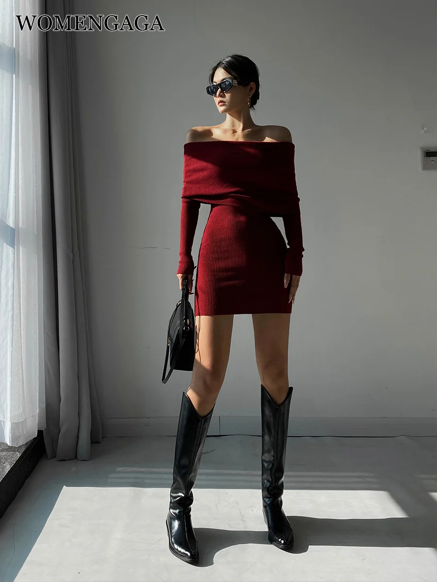 

WOMENGAGA Sexy Red Dress Elegant For Women Spring 2023 Slim Knitted Off Shoulder Hot Sexy Fashion Korean Women Dresses W8WU