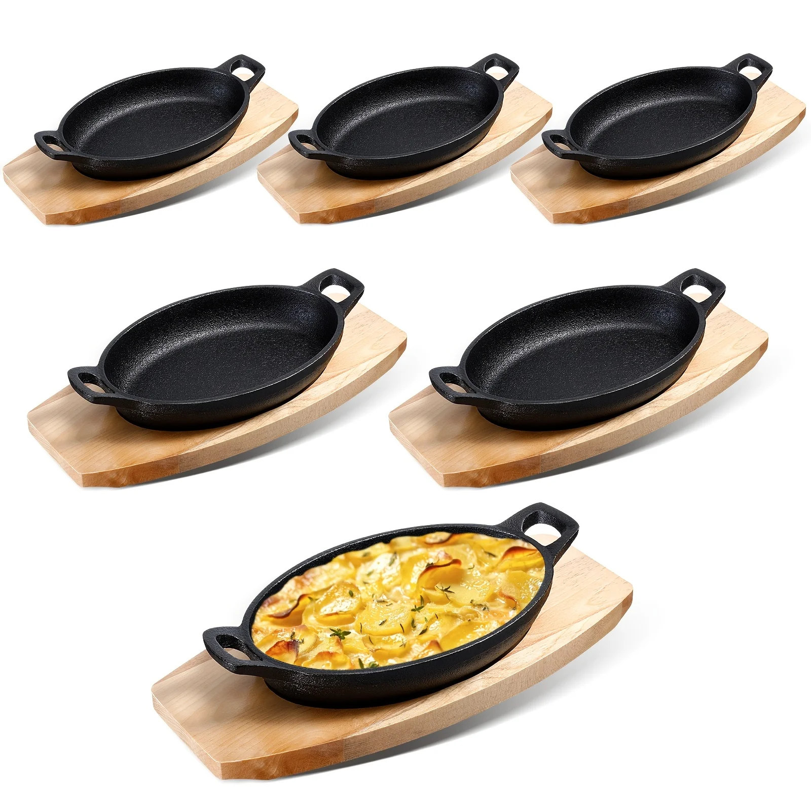 

6 Sets Mini Cast Iron Skillets, Oval Faa Plates with Wooden Base Dish Tray Serving Sizzling Plate for Baking Roasting Cooking