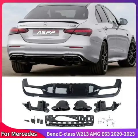 메르세데스 벤츠 E 클래스 W213 AMG E63 스타일 카본 리어 범퍼 디퓨저, 배기 팁 포함, 자동차 액세서리 키트, 광택 블랙