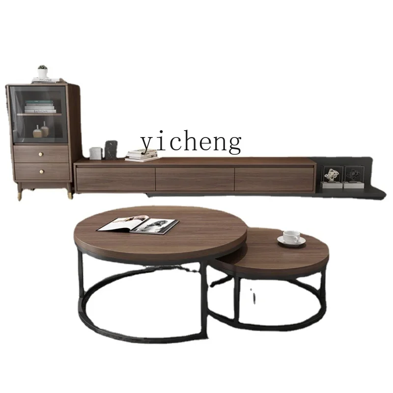 

ZK Nordic Simple Living Room round Stone Plate Coffee Table Modern Retractable Floor TV Stand Combination