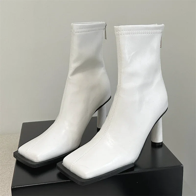 Autumn Cozy Soft Leather Square Toe Ankle Boots Women Elegant Stiletto Heels Fashion Zip Ladies Party Shoes Zapatos Mujer image 3