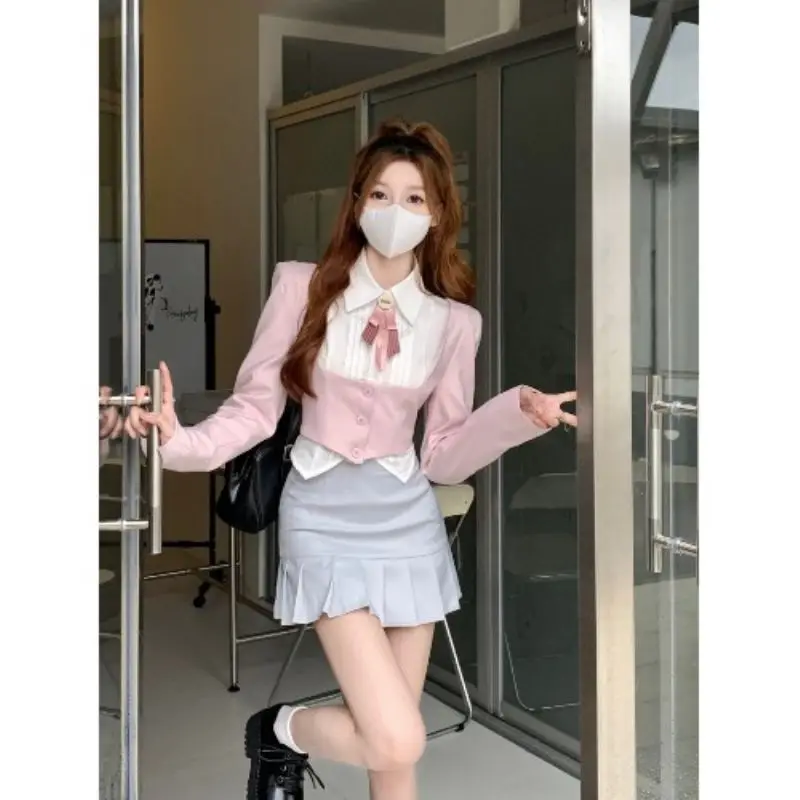 Fashion 3 Piece Set Skirt Woman Kawaii Uniform Suit Casual Shirt + Pink Short Tops + Slim Y2k Mini Skirt Japanese 2023 Autumn