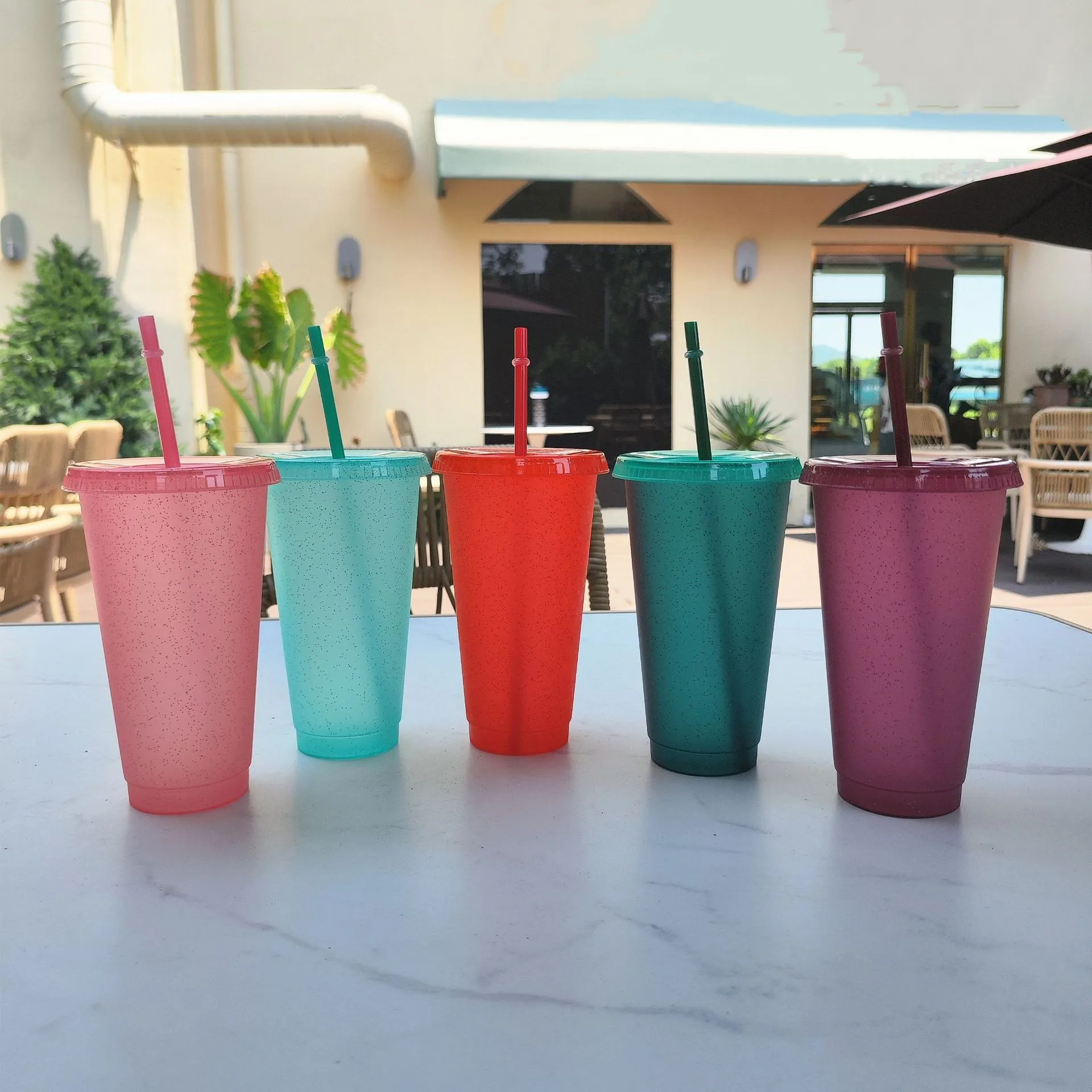 Reusable Flash Powder Straws Cup with Lid Drinking Water Bottles Hard  Plastic Outdoor Sport Coffee Mugs Leak Proof Drinkware