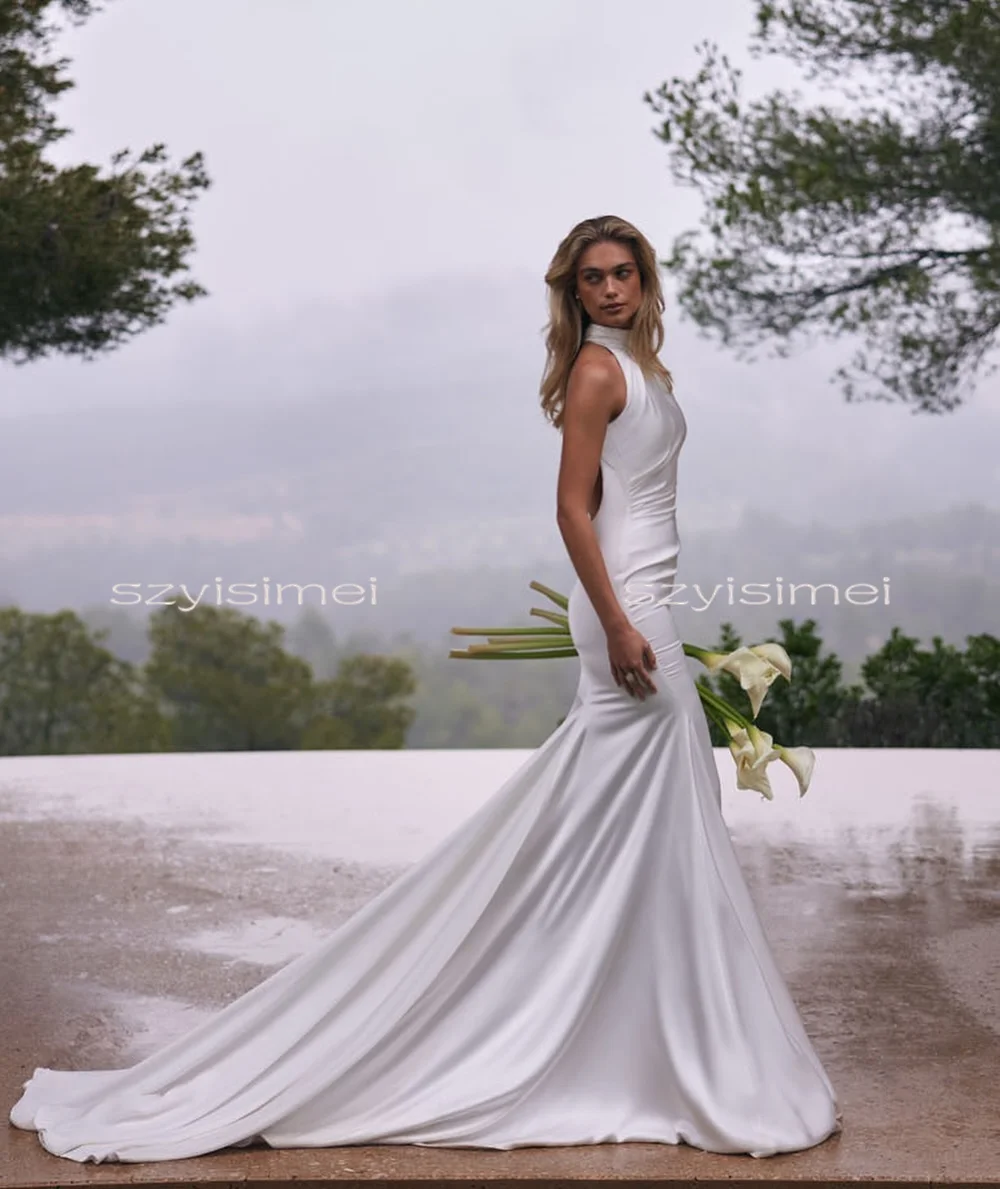 ホルターネックのウェディングドレス、コートトレイン、ノースリーブ、マーメイドライン、ブライダルドレス、ウェディング用、バックレス、ベスティドス・デ・ノビア、カスタムメイド