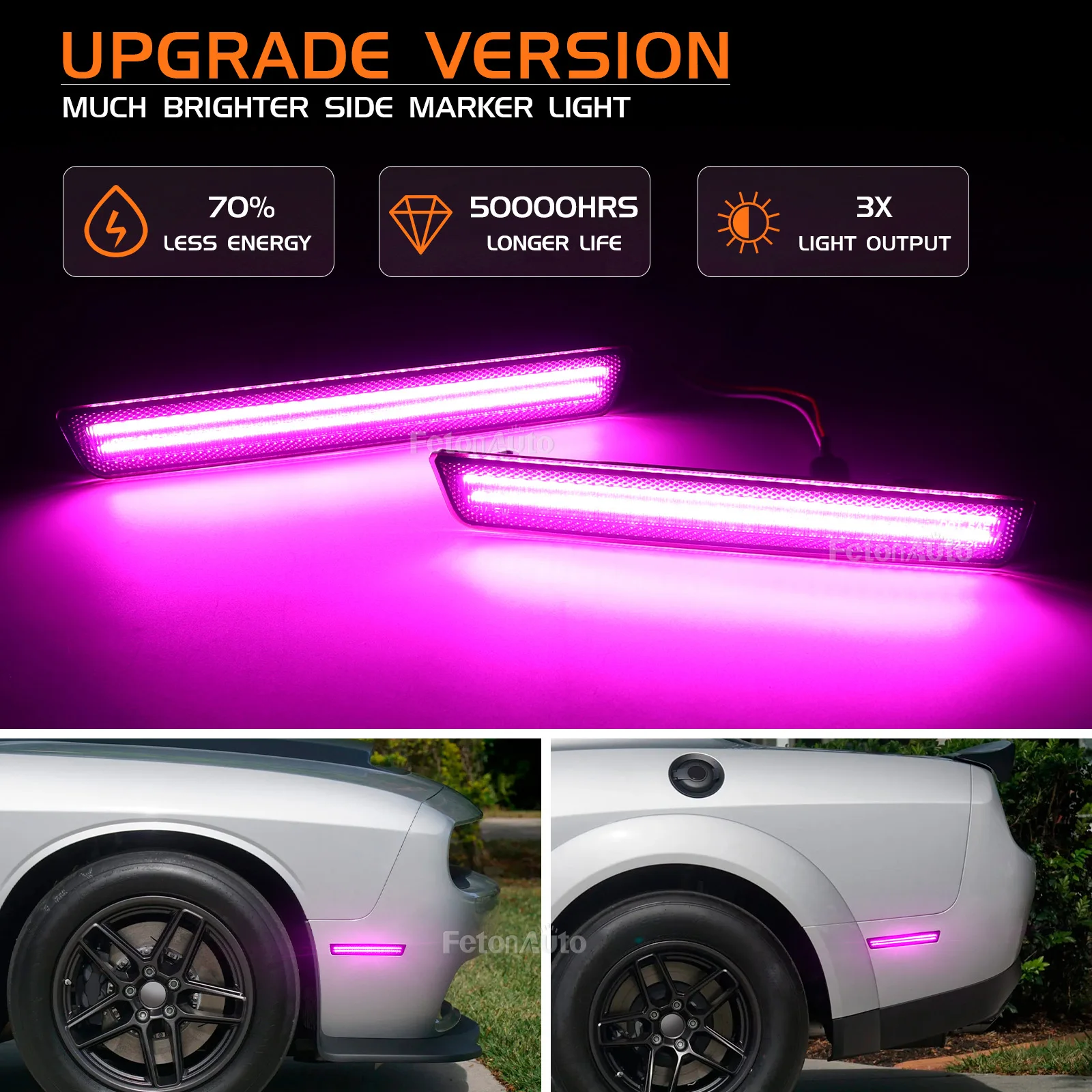 4pcs Pink Purple Lights LED Side Marker Light Front and Rear Bumper Turn Signal Light Indicator for 2015-2023 Dodge Challenger