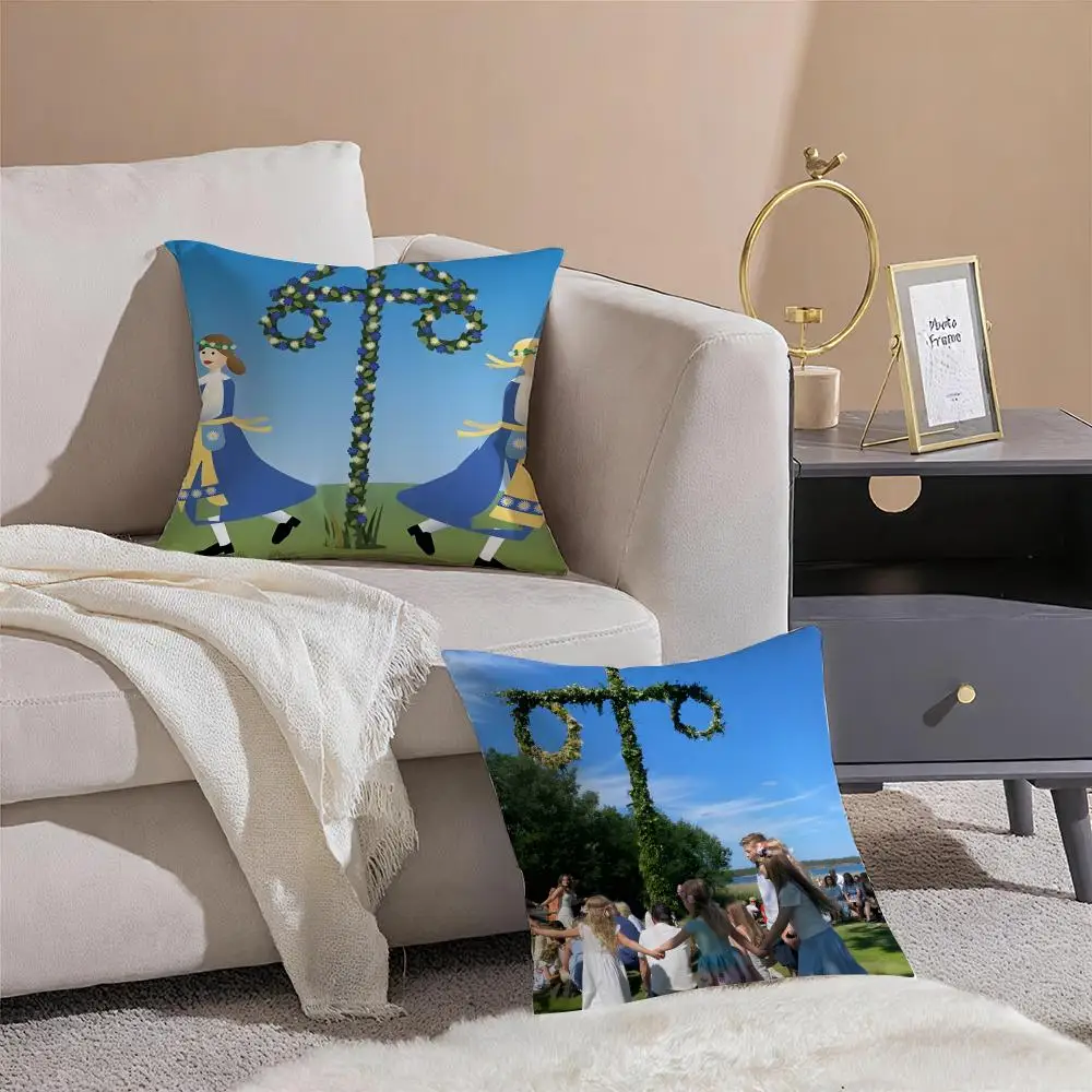 N-Nordic Midsummer Festival Cushion Cover Linen Pillowcase Cover Soft Decor for Sofa Home Room