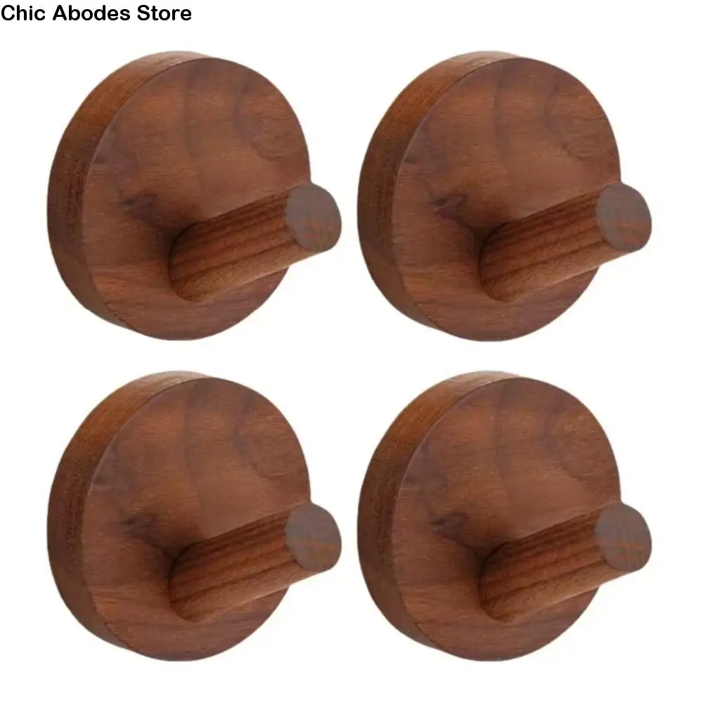 

4pcs Beech Walnut Wood Wood Hook Solid Wood Simple Design Wall Hook Wood Handle Punch Free Hanging Hanger Bathroom Organizer