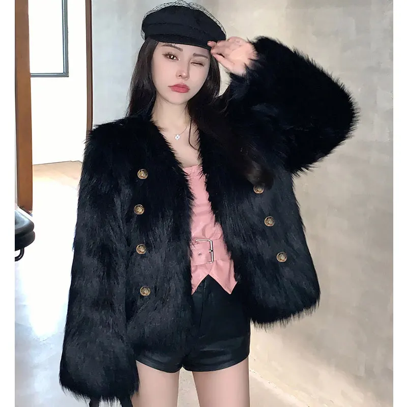 Korean Thick Short Faux Fur Jackets Warm Autumn Winter Warm Luxury Button Party Club Coat Women Vintage Solid Furry Outerwear