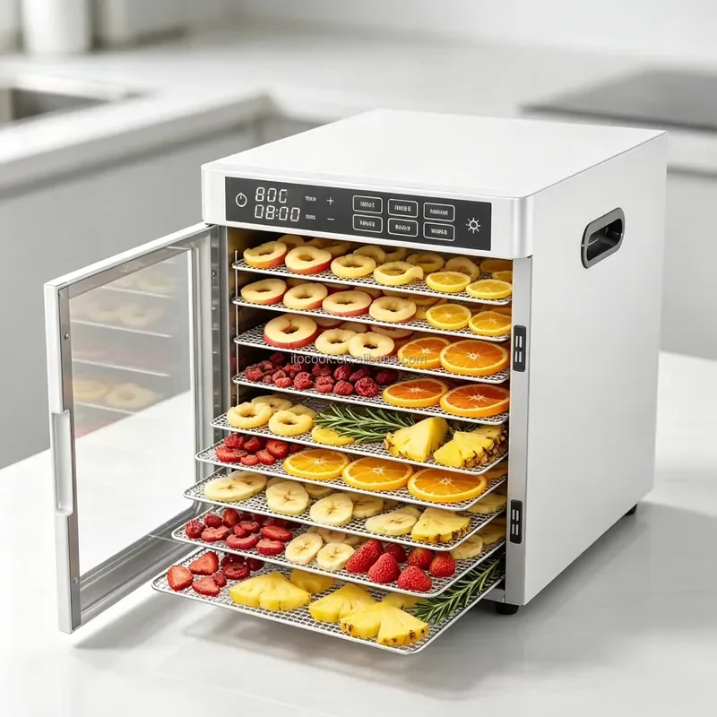 Double-layer Stainless Steel Fruit Vegetable Dehydrator Electronic Control 30-85 Adjustable Temperature 360 Cycle Heating for