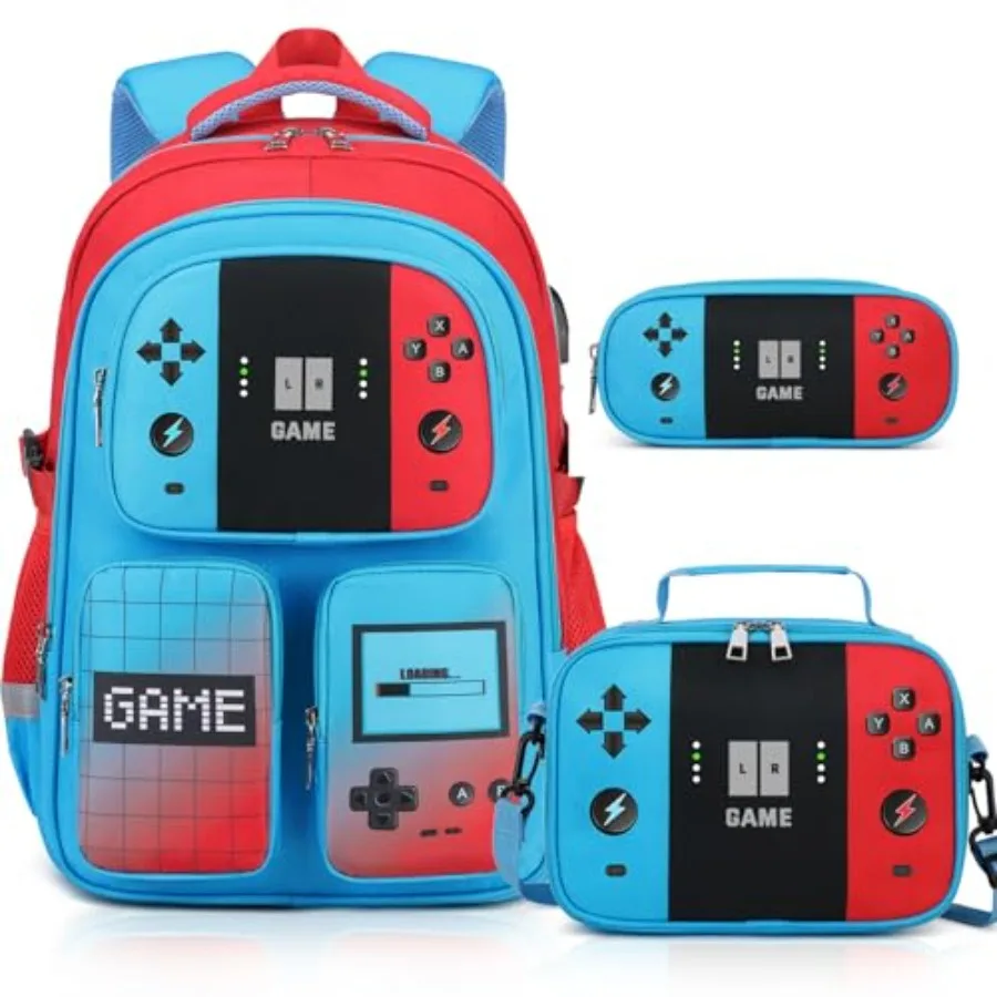 

Gamer Backpack for Boys, 3PCS Boys Backpack with Lunch Box and Pencil Pouch, Waterproof School Bags for Boy Teens, Elementary M