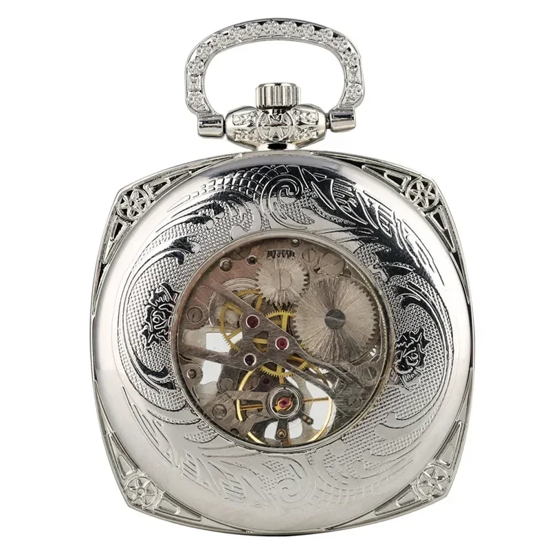 Silver Square Case Men Women Hand-Wind Mechanical Pocket Watch Roman Numeral Luminous Hands Pendant Chain Skeleton Clock