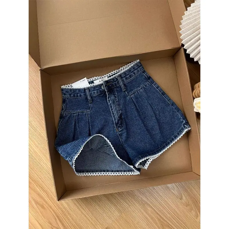 

Women's American Sle High Waist A-Line Ort Jeans Lace Trim Summer Commute Wide Leg Hot Pants Korean Version Loose Fit