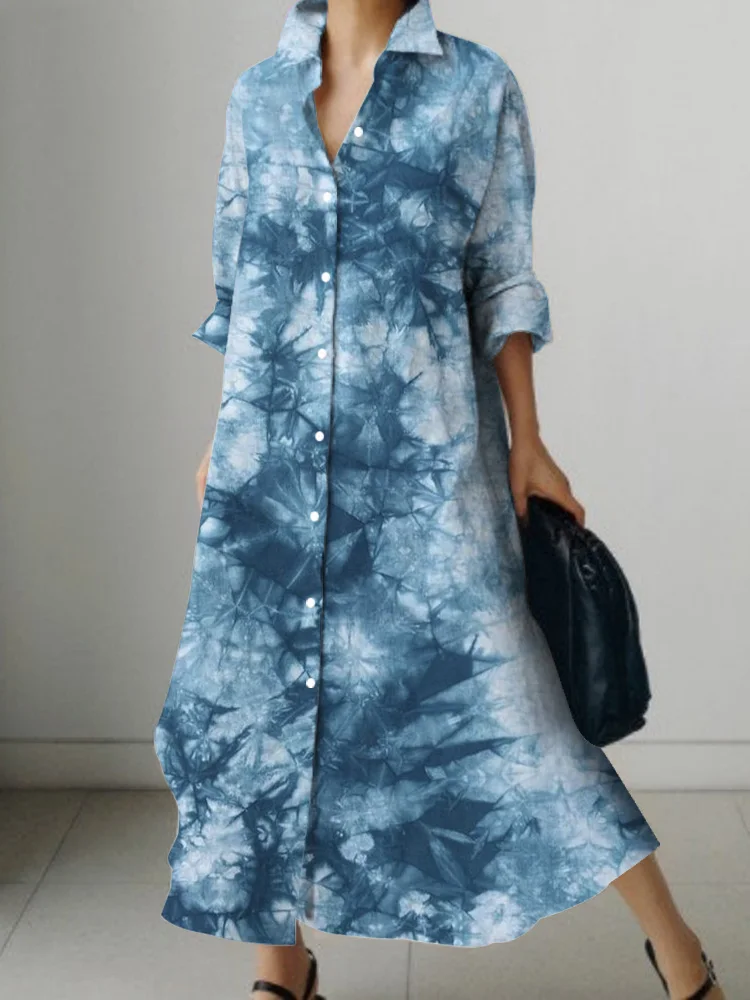 2024 Personalized Trend Dresses Women's Long Sleeve Dresses Simple Tie-Dye Style Lapel Button Long Dresses Evening Clothing