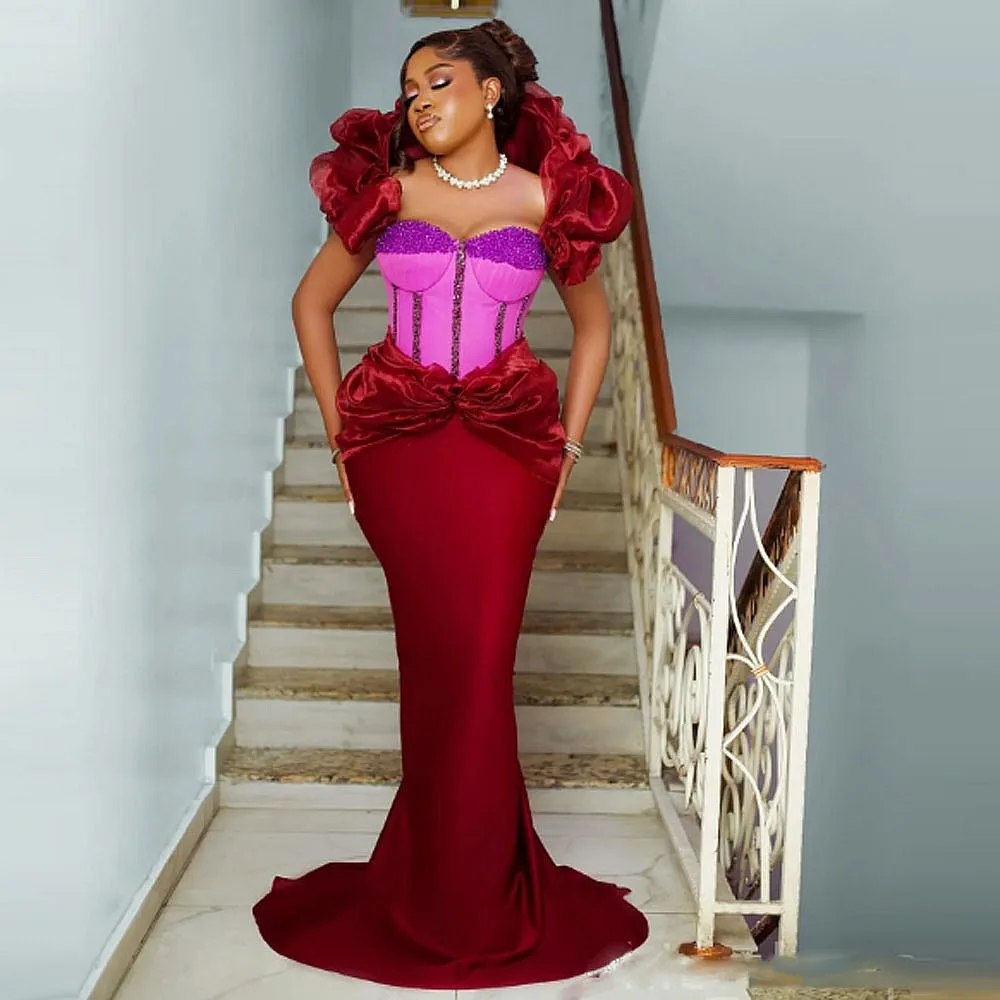 

Aso Ebi Mermaid Prom Dresses Sweetheart Beads Ruffles Shoulder Plus Size Evening Party Dress Custom Made Formal Gowns