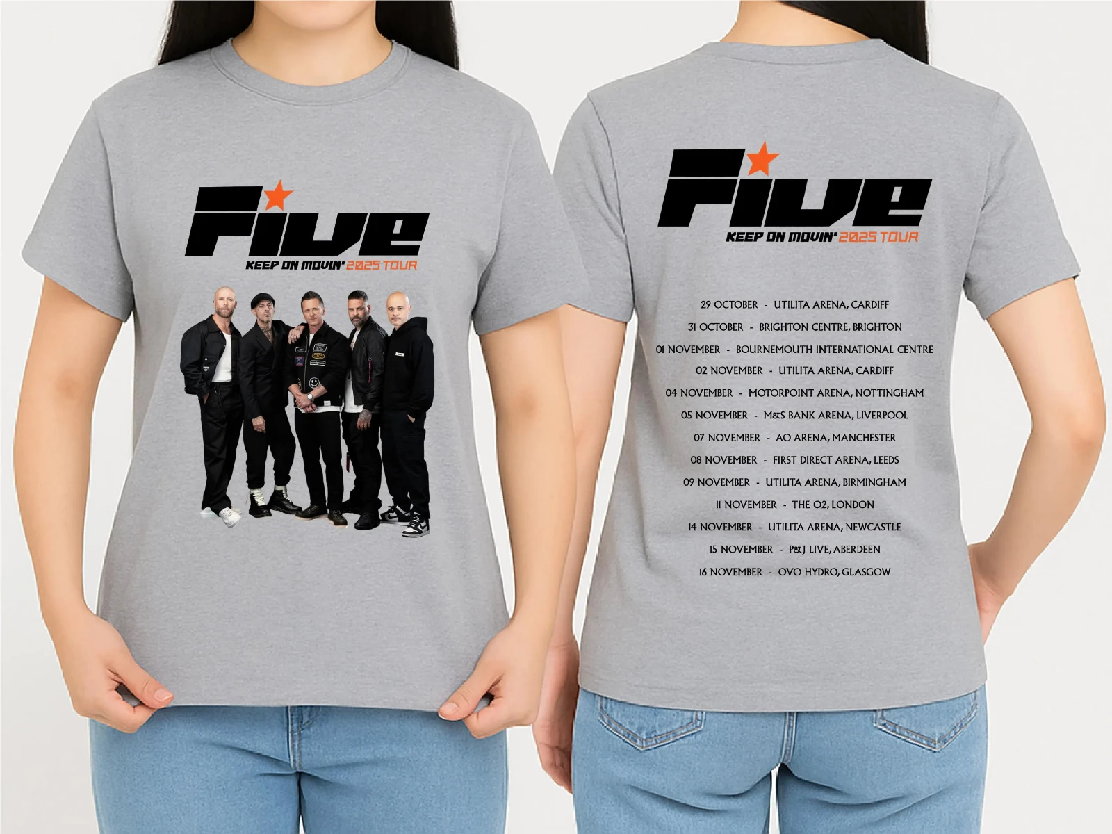 خمسة صبي إبقاء على جولة Movin 2025 الجبهة الخلفية مطبوعة خمسة صبي الفرقة الحفلة قميص الحفل عاشق المحملة الأعلى مهرجان الموسيقى تي شيرت