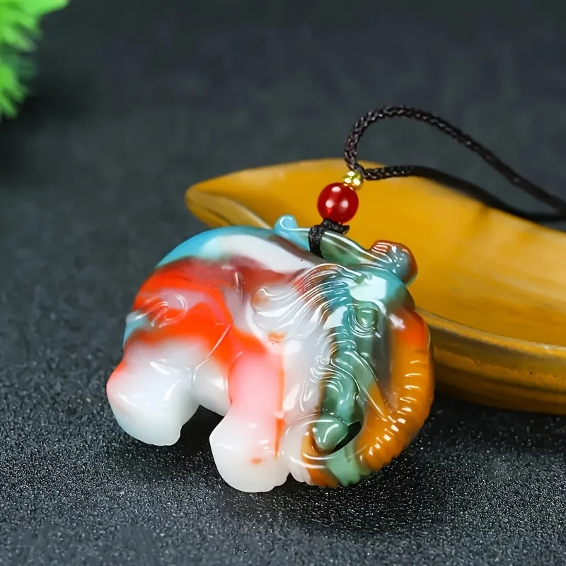 Neutral Elephant Pendant Necklace - Hand Engraved Blue-Brown Marble Design with Red Beads
