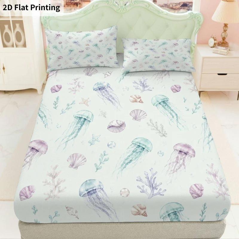 3Pcs Pastel Jellyfish Fitted Sheet Three Piece Set (1*Fitted Sheet + 2*Pillowcases, Coreless), Bedding Set