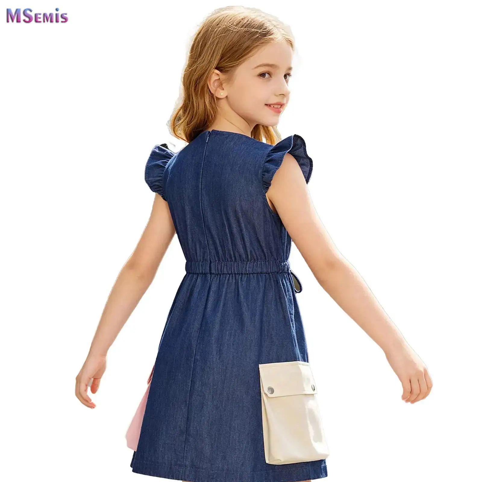 

Baby Girls Denim Dress Round Neck Ruffle Flying Sleeve Elastic Waistband Casual Dress with Color Block Pockets for Daily Life