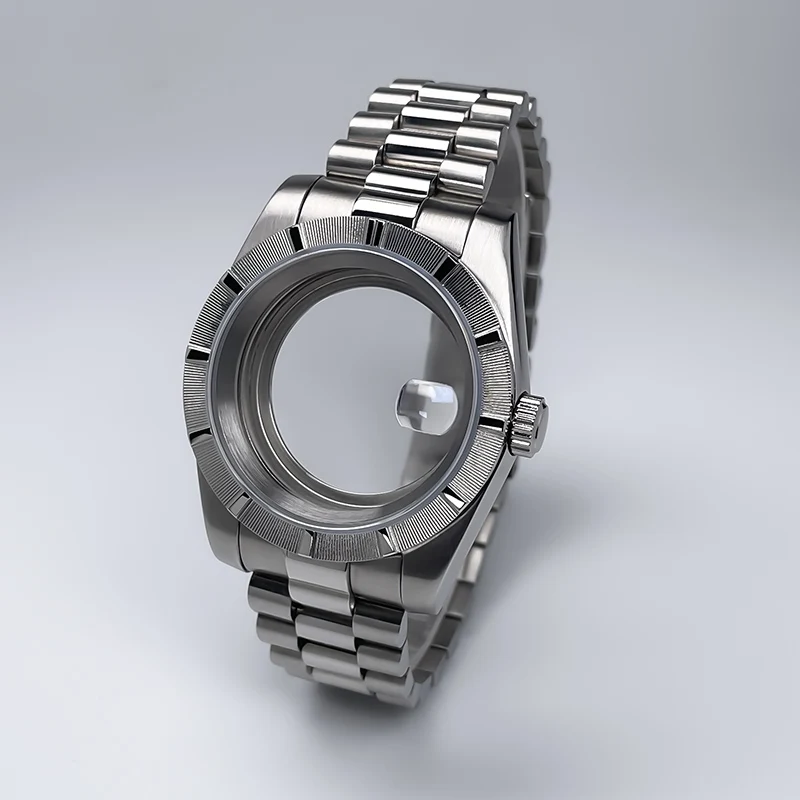 39mm Stainless Steel Watch Case for  Parts with Striped Lines Bezel President Bracelet Sapphire Glass Fit NH35 NH36 Movement