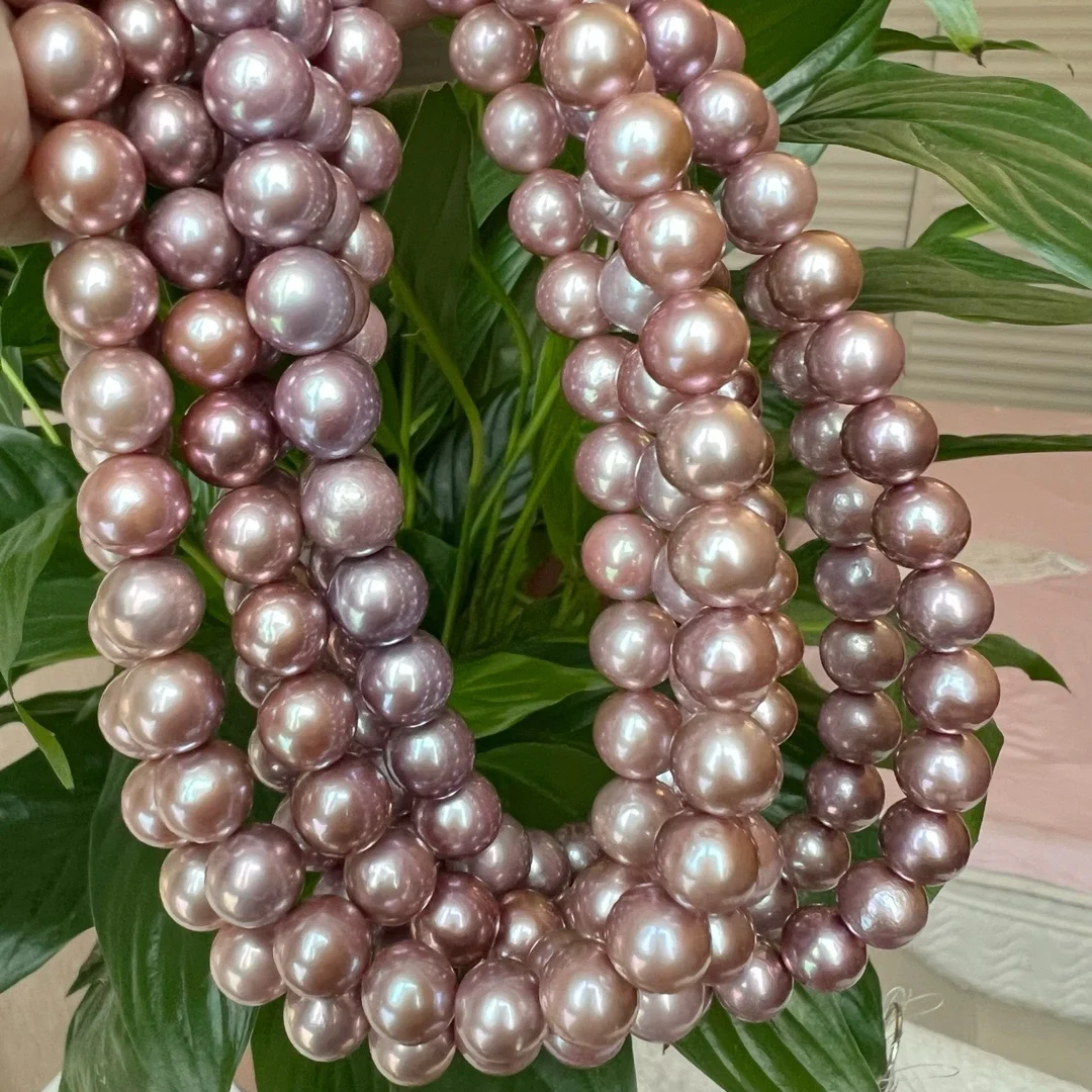 Natural Edison Pearls 9-12mm Smooth Leather Full White Powder Purple Necklace Wholesale Agent Knot and Clasp