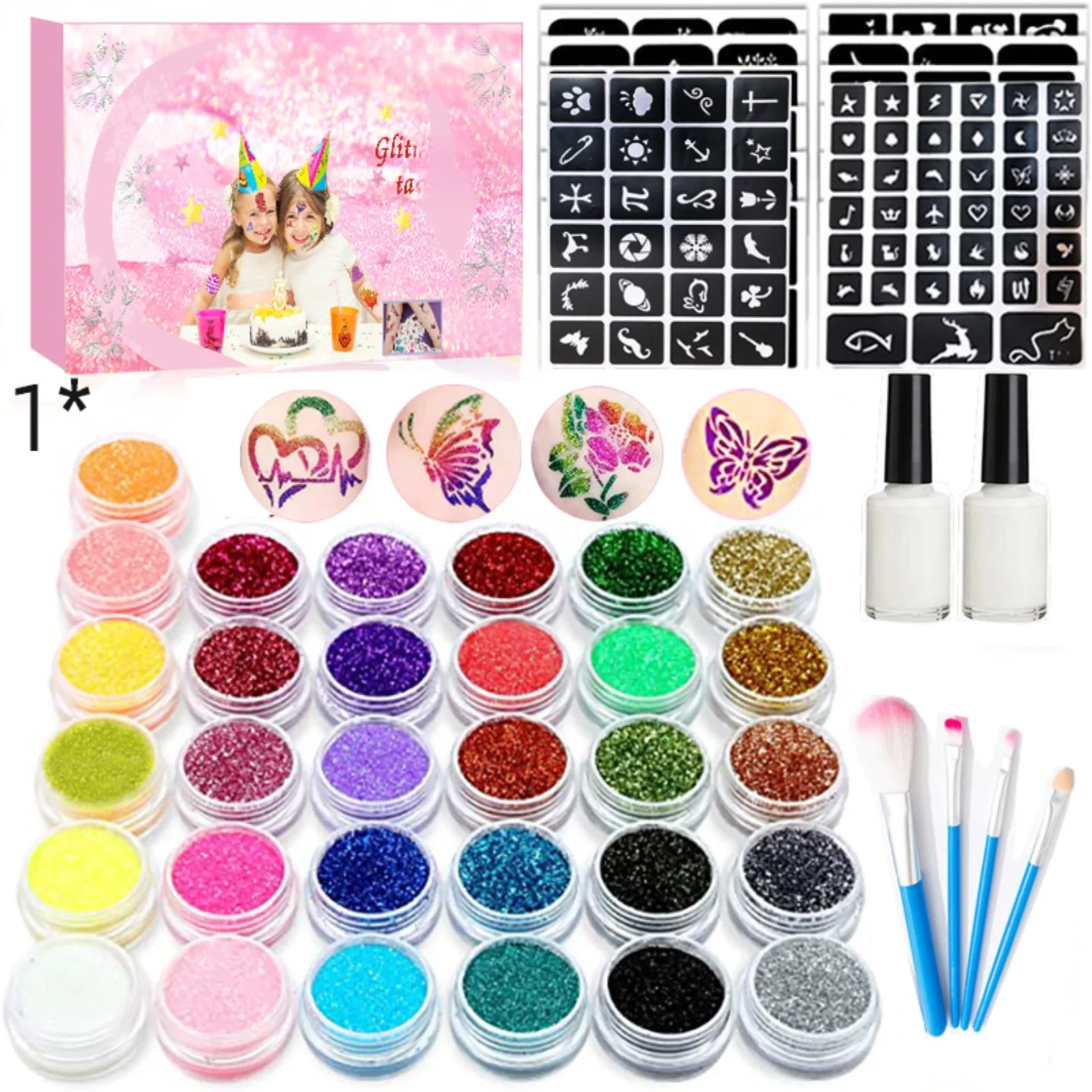 Diamond Glitter Tattoo Set: 31 Colors 6 Stencils - Waterproof Long-Lasting Glitter for Party Stage Makeup Creative Kids and