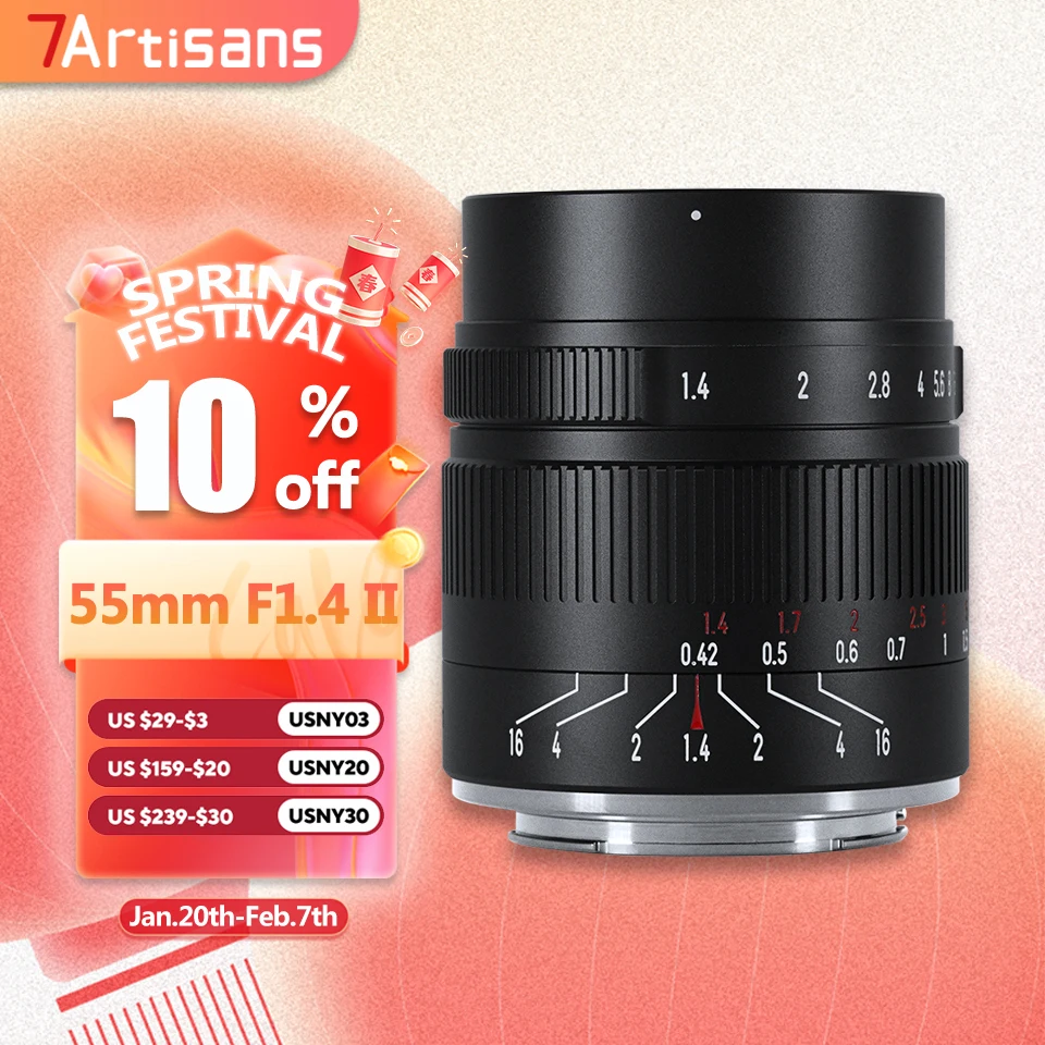 

7artisans APS-C 55mm F1.4 II Standard Prime for Portrait Photography with Sony E Nikon ZFC Fujifilm XF Canon RF EOS-M M43 Mount