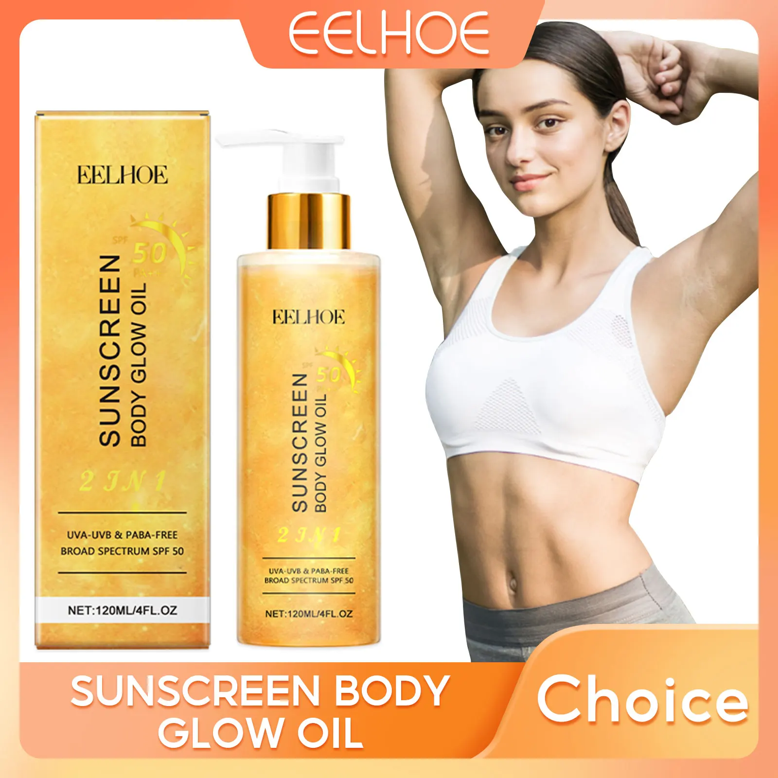 EELHOE 2 In1 Sunscreen Spf 50 Body Oil for Glowing Skin Protection Prevent Uvb Oil Control High Gloss Golden Body Shimmer Oil
