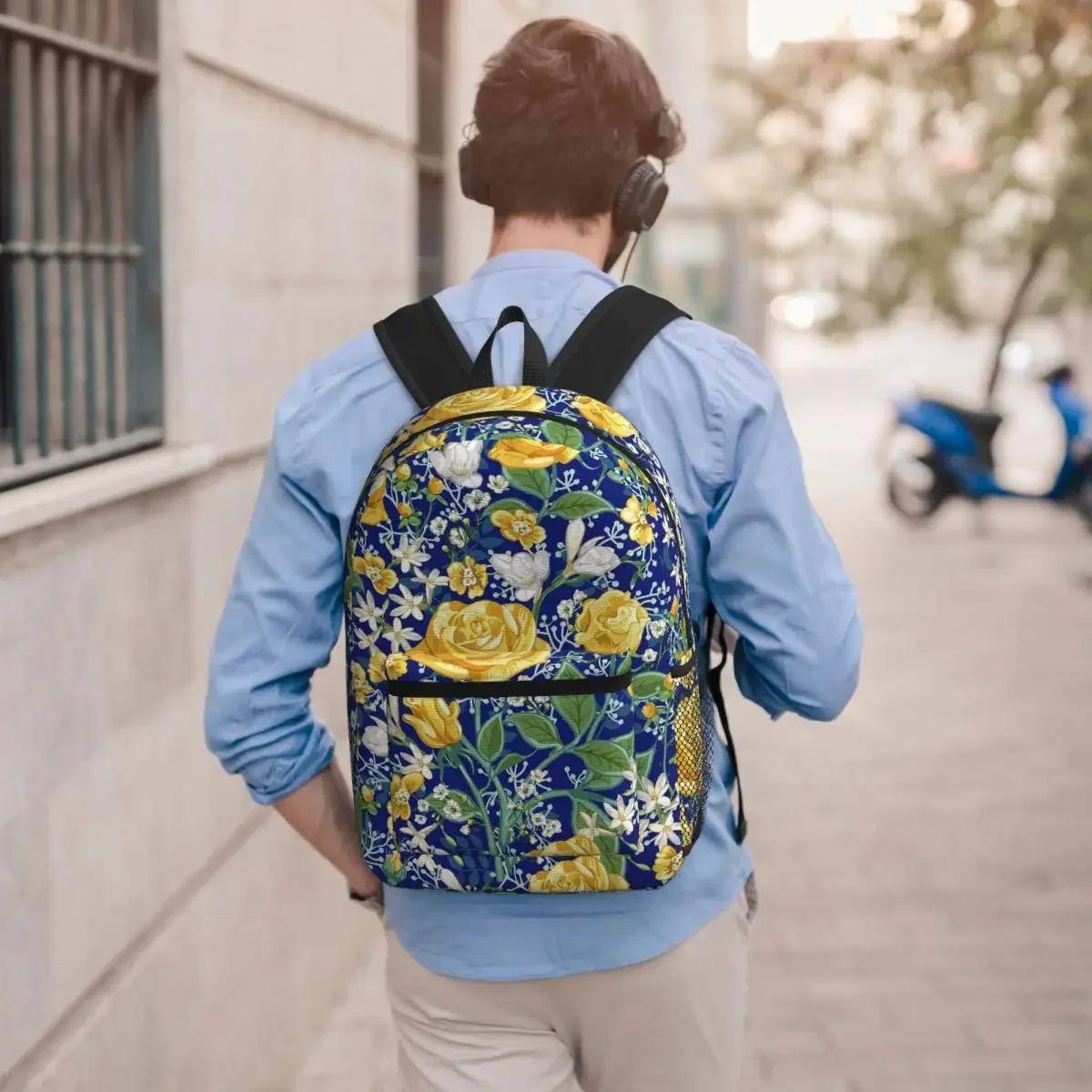Elegant Yellow Roses On Blue Texture Backpack Boys Girls BookBag Kids School Bag Laptop Shoulder Bags for Men Women