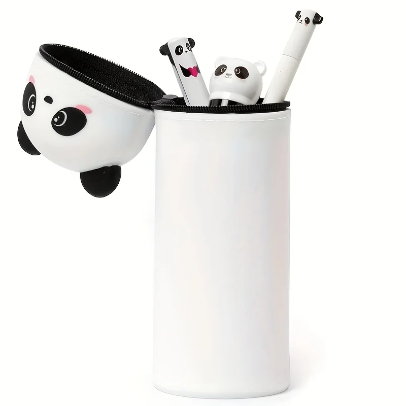 Estuche para lápices de silicona con diseño de Panda bonito, portalápices suave 2 en 1 con cremallera, diseño de animales blancos para material escolar o de oficina, 1 ud.