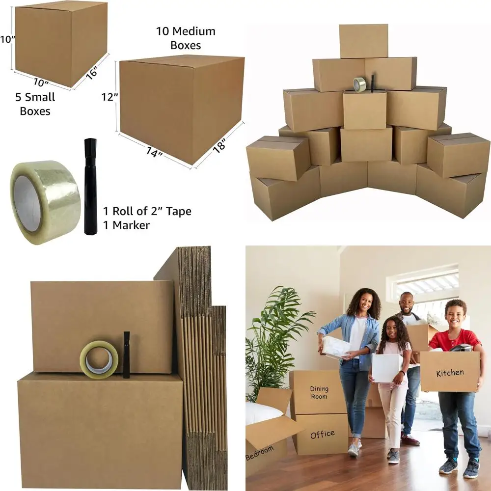 

Compact Moving Essentials Kit for 1-2 Rooms with Medium Boxes, Tape, and Marker