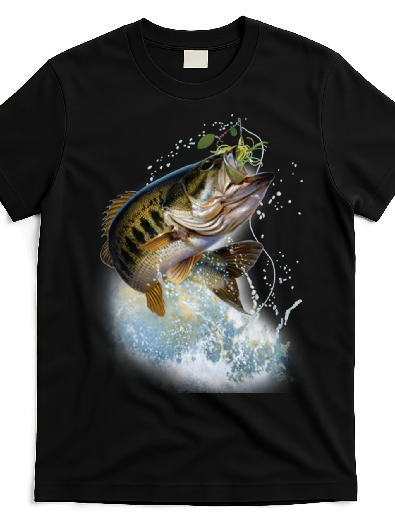 Men's Fishing Print T-shirt, Black Perch Jump Out of The Water Design, Soft Breathable T-shirt, Angler Casual Outdoor Shirt, Daily Street Wear, Four Seasons Comfort Version, Angler Clothing, Vintage Casual Crew Neck Print T-shirt