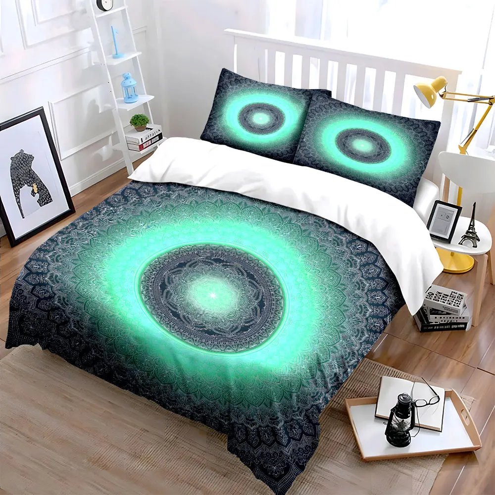 3Pcs Green Gradient Mandala Bedding Set, Bohemian Sacred Geometry Print Duvet Cover Set, Boho Pattern for Bedroom Decor