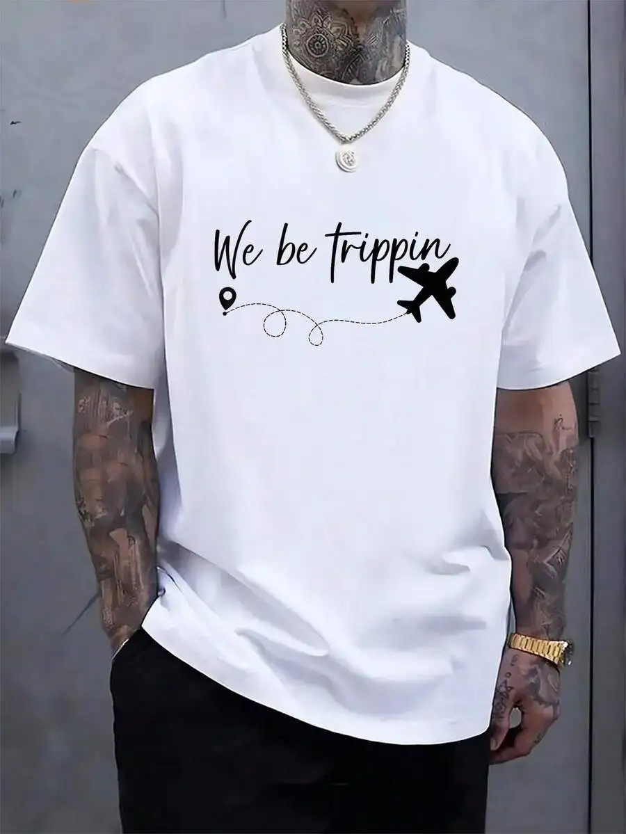 We Be Flight Vacation White T-Shirt, Men's Casual Letter Print Round Neck Short Sleeve White T-Shirt