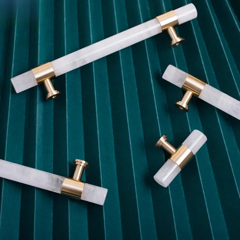 Natürlicher Marmor/Rosa Kristall + Messing T-Griff Schrankgriff und Knöpfe Kommode-Hardware Möbelgriff Küchenschranktürgriffe – Detail 12