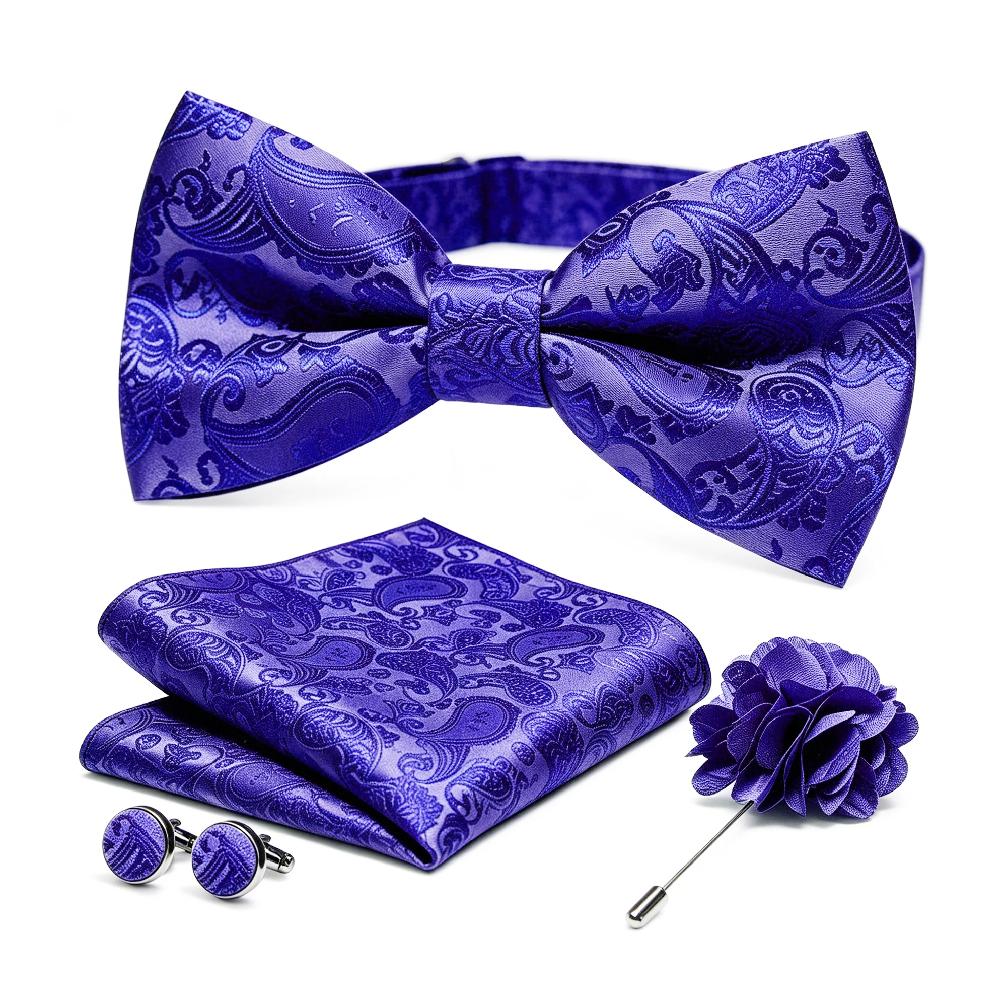 36-teiliges Set: Schwarze Seiden-Jacquard-Paisley Herrenfliege, Brosche, Einstecktuch und Manschettenknöpfe – Vorgebundene Schmetterlingsfliege für Herren, Hochzeit und Business – Detail 8