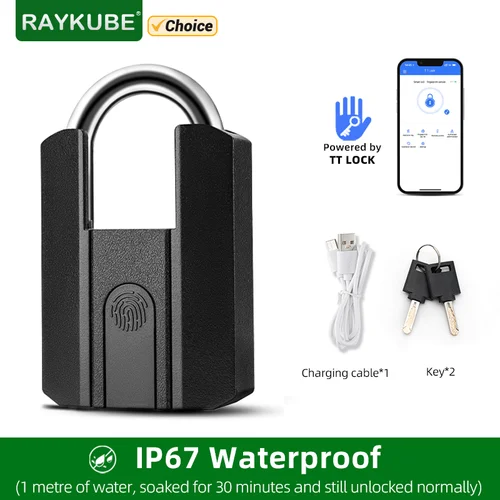 RAYKUBE IP67 cerradura TT resistente al agua cerradura electrónica candado de huella digital con batería recargable incorporada desbloqueo de llave de aplicación