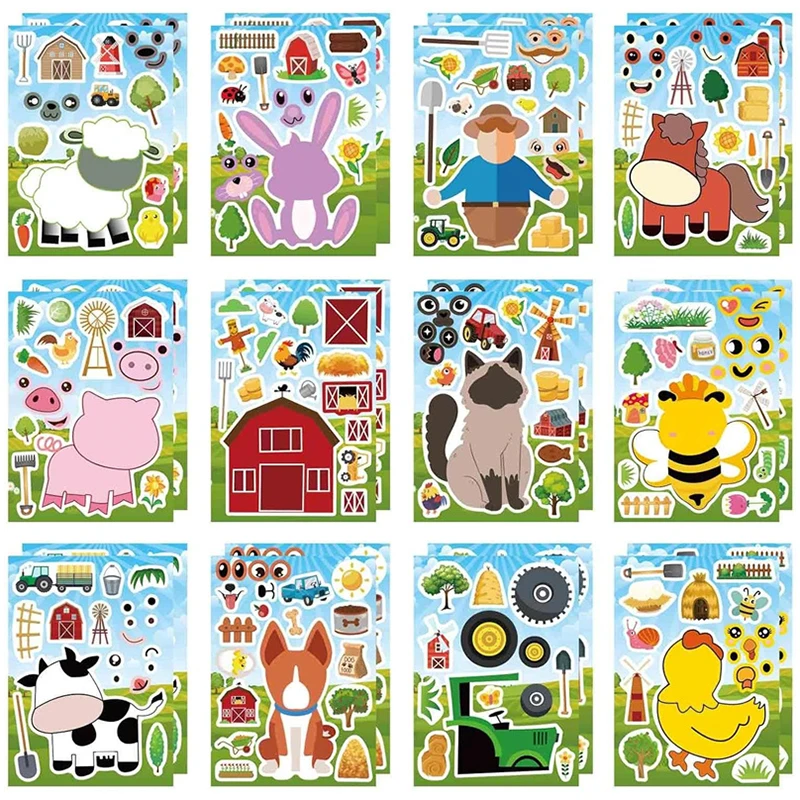 6/8/12 Design Farm Animal Make A Face Sticker Creative Make Your Cow Sheep Chick Farmer Puzzle Stickers Children Assembly Jigsaw