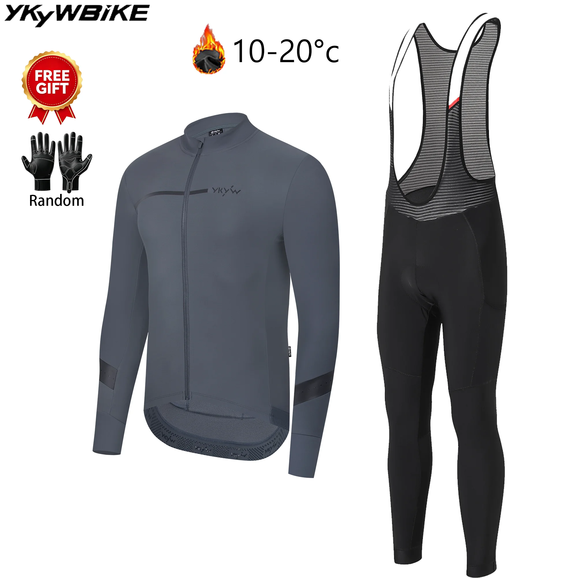 YKYWBIKE Man Cycling Clothing Winter 10-20°C Bicycle Sets Road Bike Bib Tights Set Long Sleeve Cycling Jersey Clothes