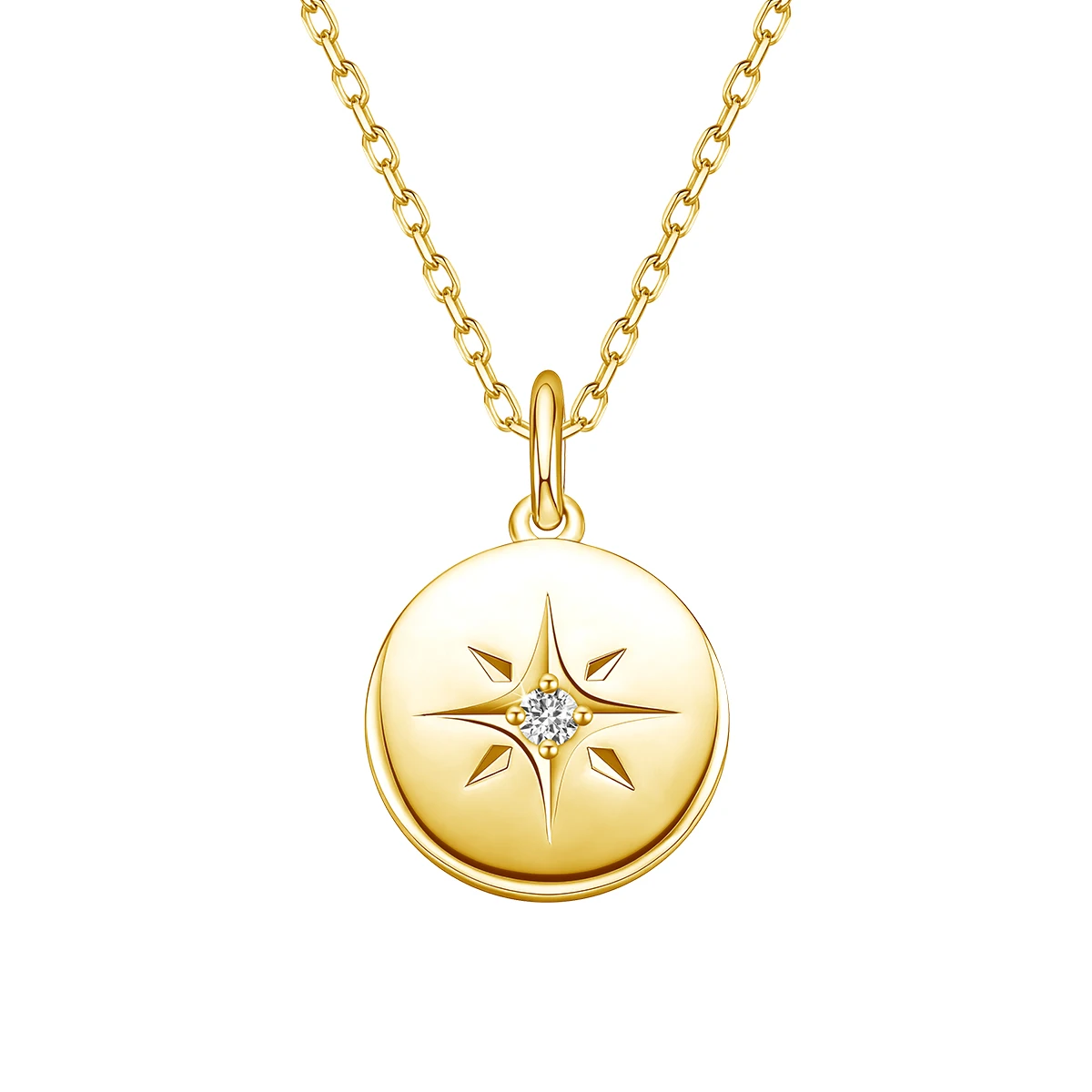 

925 Silver Jewelry Round Medal Eight-pointed Star Pendant Necklace 18K Gold Plated Moissanite Choker Link Chain