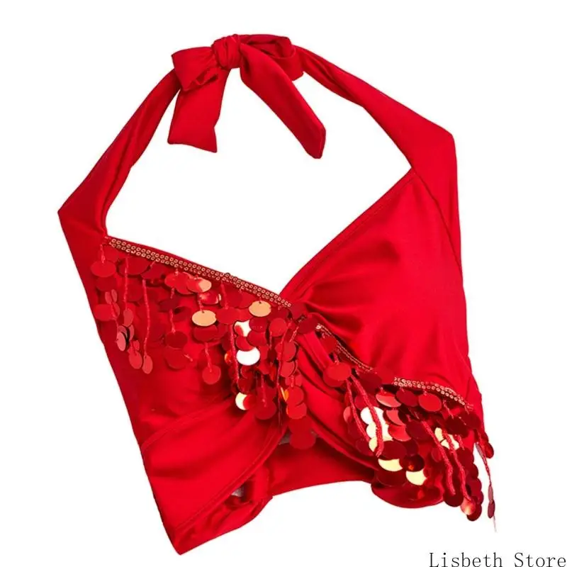 124A Belly Dance เครื่องแต่งกายสำหรับผู้หญิง Belly เต้นรำ Glitter Bra Tops Sequins Fringes Tassels Halter Tops