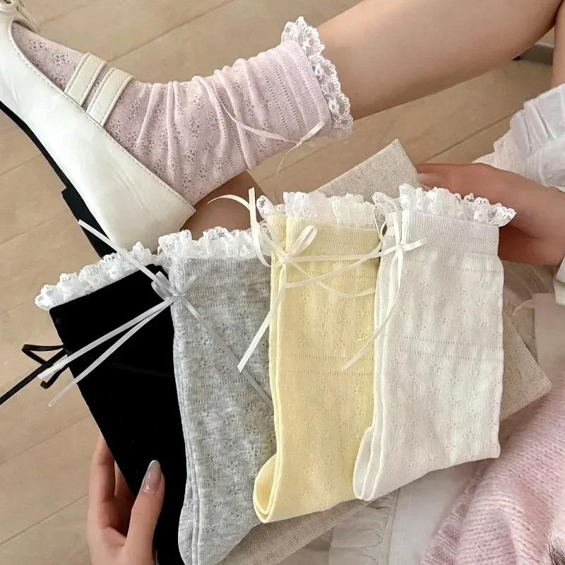 

3 Pairs Women Socks New Fashion Spring Summer Thin Cute Lace Bow Long Socks For Women Solid Color Mesh Cute Lolita Girls Socks