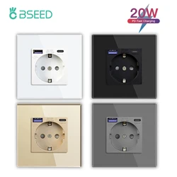 BSEED 20W PD Wall Socket EU Socket With Type-c USB Fast Charging Ports Double Power Outlets Triple Electric Sockets Glass Panel