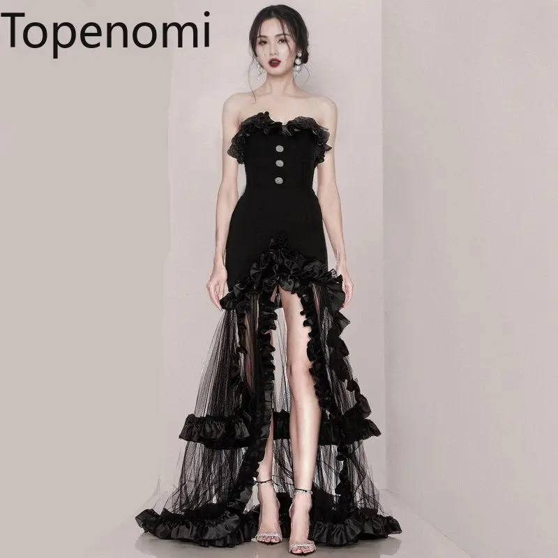 

Topenomi Black Sexy Strapless Splicing Mesh Quinceanera Evening Gown 2024 New Elegant Waist Slim Fit Ruffled Party Prom Dress