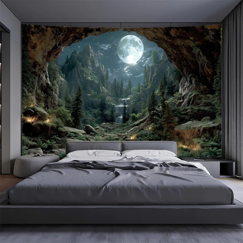 Wandteppich mit Höhlenfelsen, Wasserfall und Mondlandschaft für Schlafzimmer, Wohnzimmer, Partydekoration, Wandbehang aus Polyesterfaser