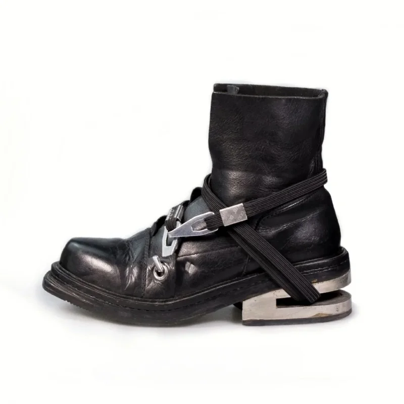 Black Vintage Ankle Strap Climbing Hook Decorative Short Boots Autumn New Metal Heels Unisex Mid-Calf Chelsea Punk Boots
