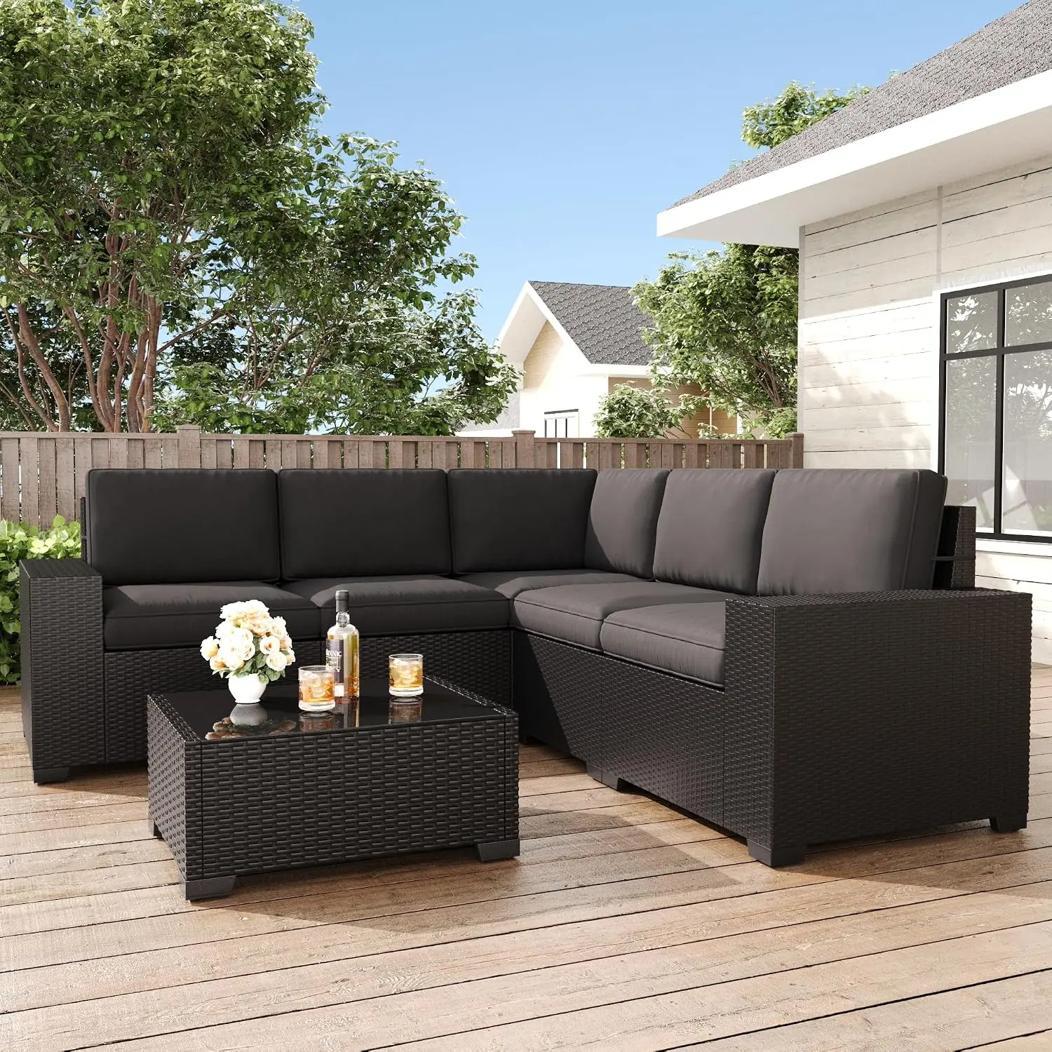 Black Rattan Modular Sectional Outdoor Patio Sofa Set 6 Pieces, Customized